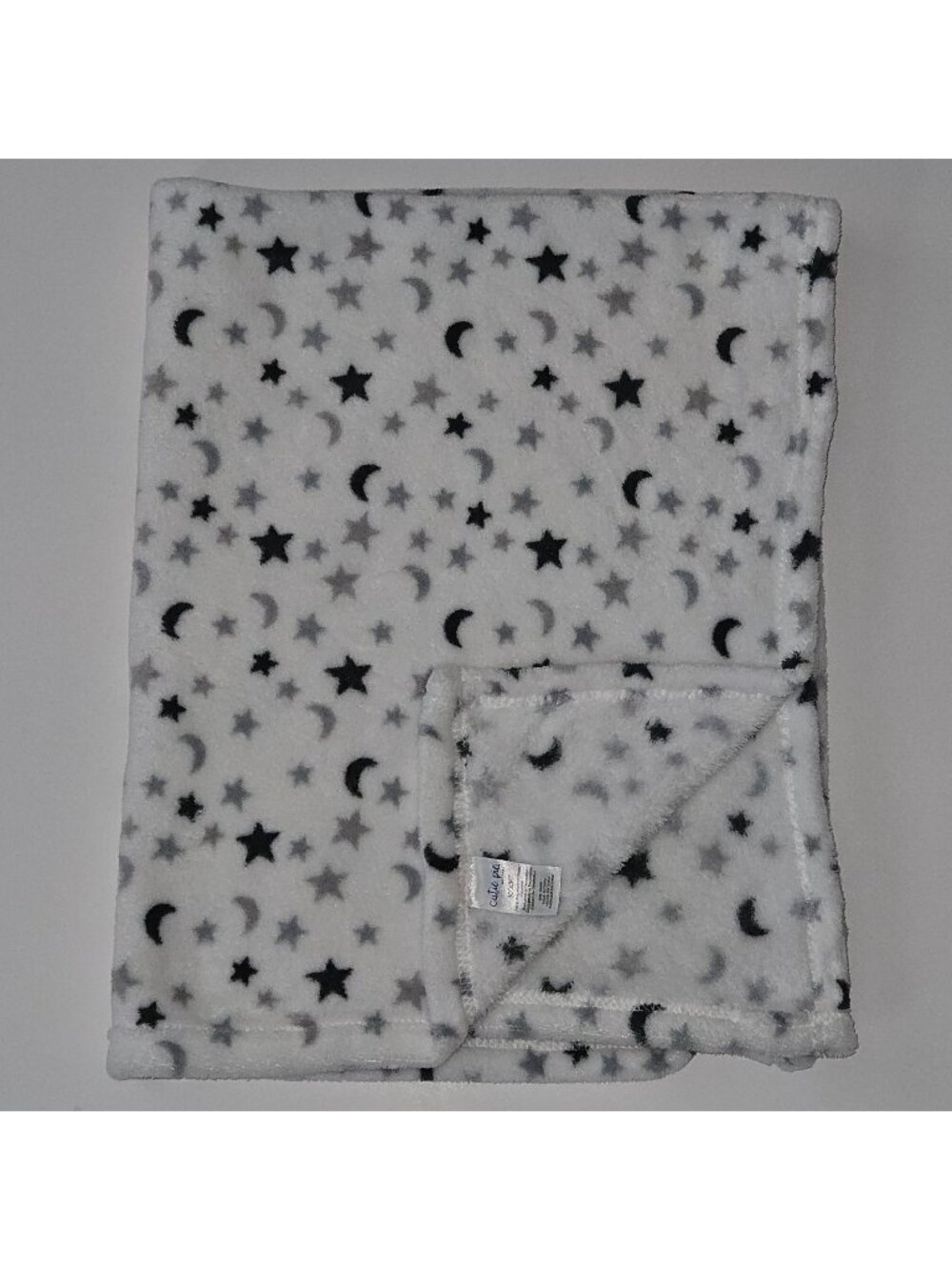 Cutie Pie Gray Stars Moons White Fleece Baby Blanket Soft 30" x 36"